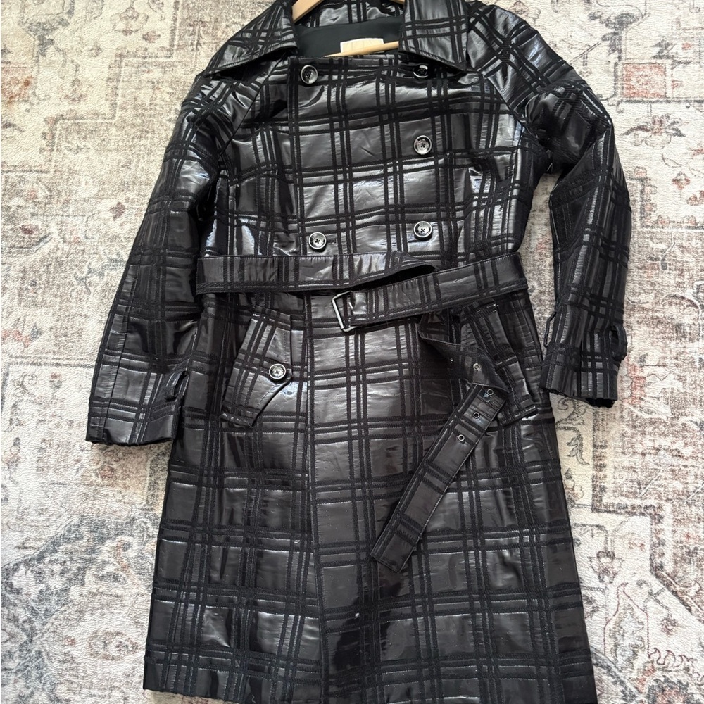 MICHAEL Michael Kors Shiny Black Checkered Trench Coat - Picture 6 of 9